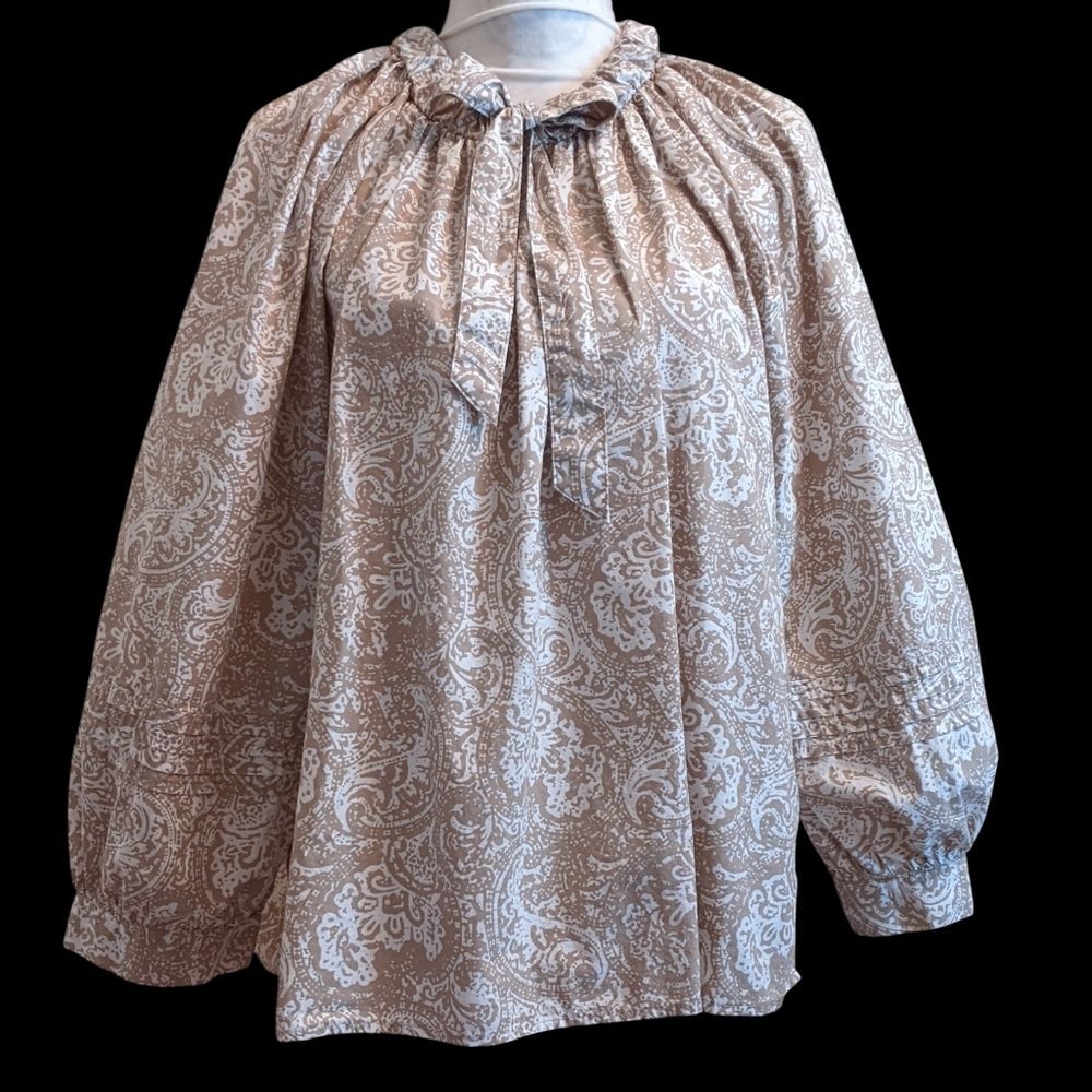 Peasant Blouse Taupe and White Boho Balloon Sleeves Cotton Cottage XXL